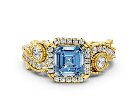 Yellow gold Fancy Blue Asscher Cut Halo Diamond Ring with Milgrain and Bezel Accents on a Split Shank Band
