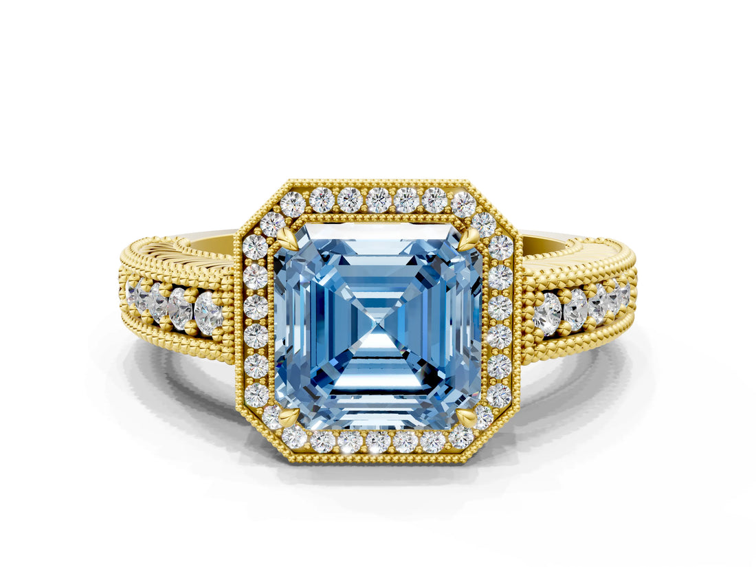 Yellow gold Fancy Blue Asscher  Cut Halo Diamond Ring with Pavé Band and Four-Prong Setting_29