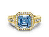 Yellow gold Fancy Blue Asscher  Cut Halo Diamond Ring with Pavé Band and Four-Prong Setting_29