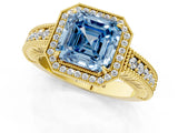 Yellow gold Fancy Blue Asscher  Cut Halo Diamond Ring with Pavé Band and Four-Prong Setting_30