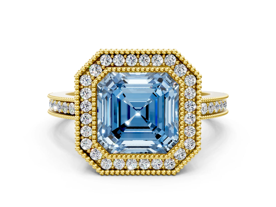 Yellow gold Fancy Blue Asscher  Cut Halo Diamond Ring with Pavé Band and Milgrain Prong Setting_86