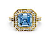 Yellow gold Fancy Blue Asscher  Cut Halo Diamond Ring with Pavé Band and Milgrain Prong Setting_86