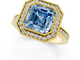 Yellow gold Fancy Blue Asscher  Cut Halo Diamond Ring with Pavé Band and Milgrain Prong Setting_87