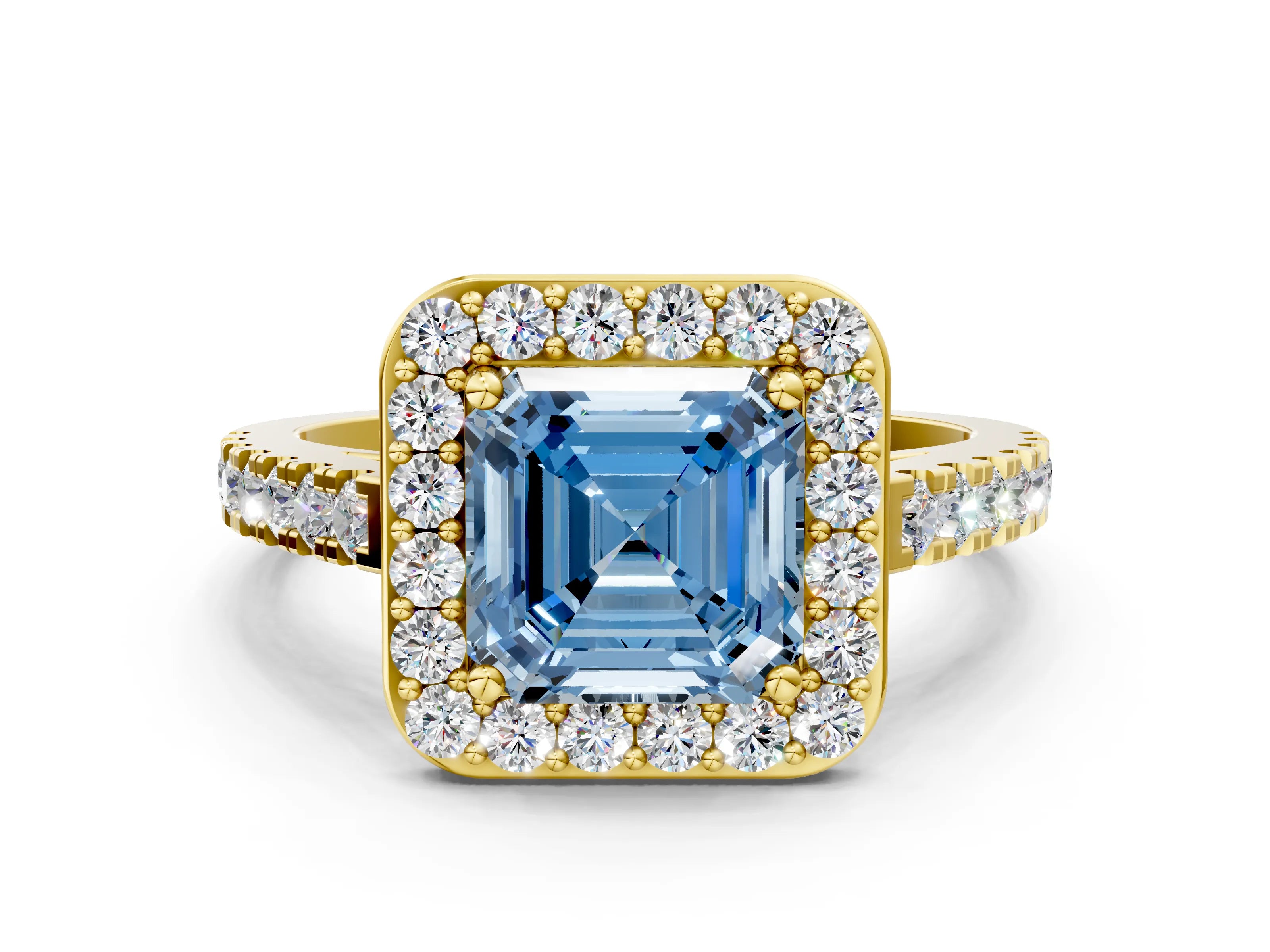 Yellow gold Fancy Blue Asscher Cut Halo Diamond Ring with Pavé Band and Three-Prong Setting