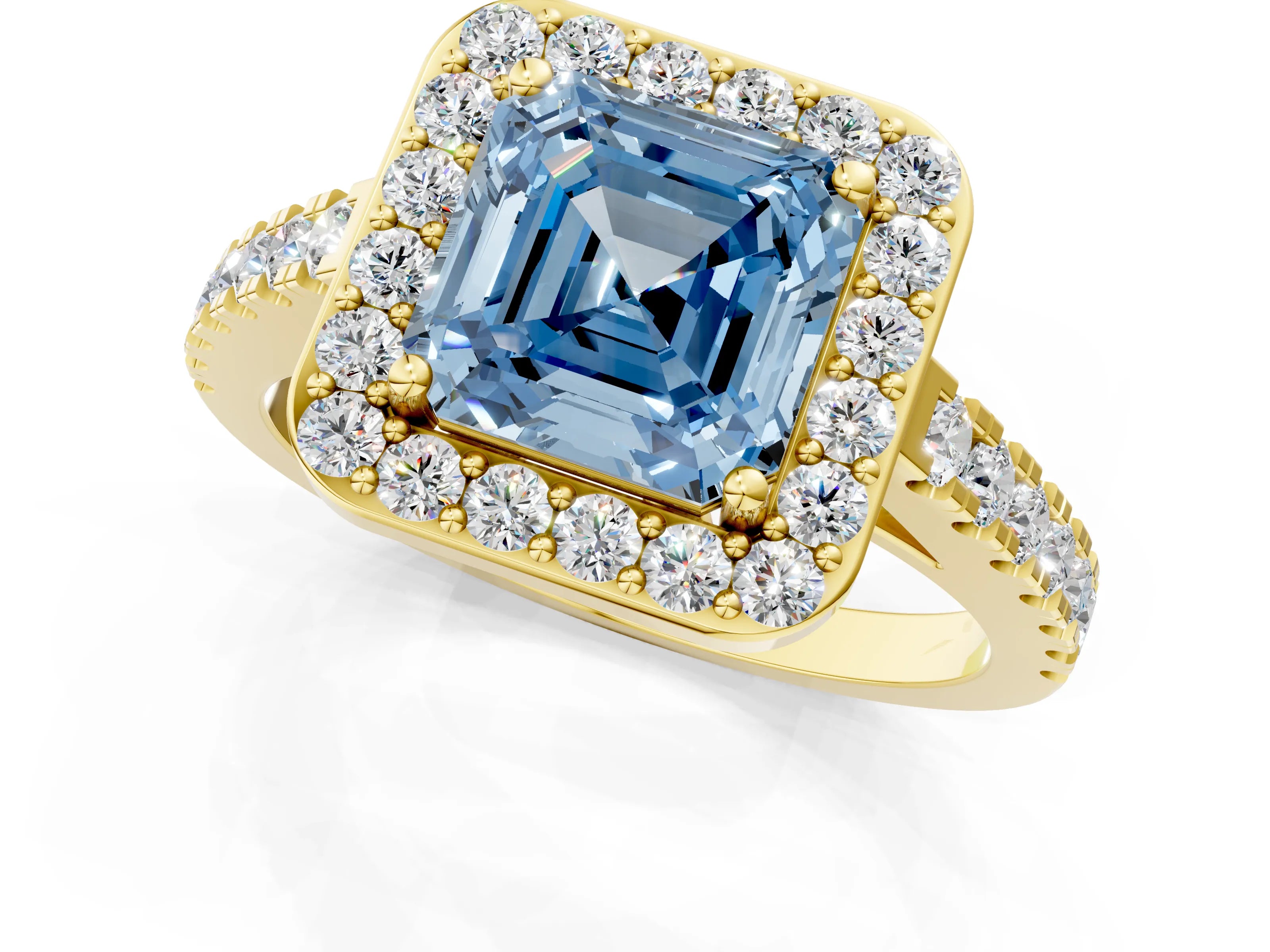 Yellow gold Fancy Blue Asscher Cut Halo Diamond Ring with Pavé Band and Three-Prong Setting_1