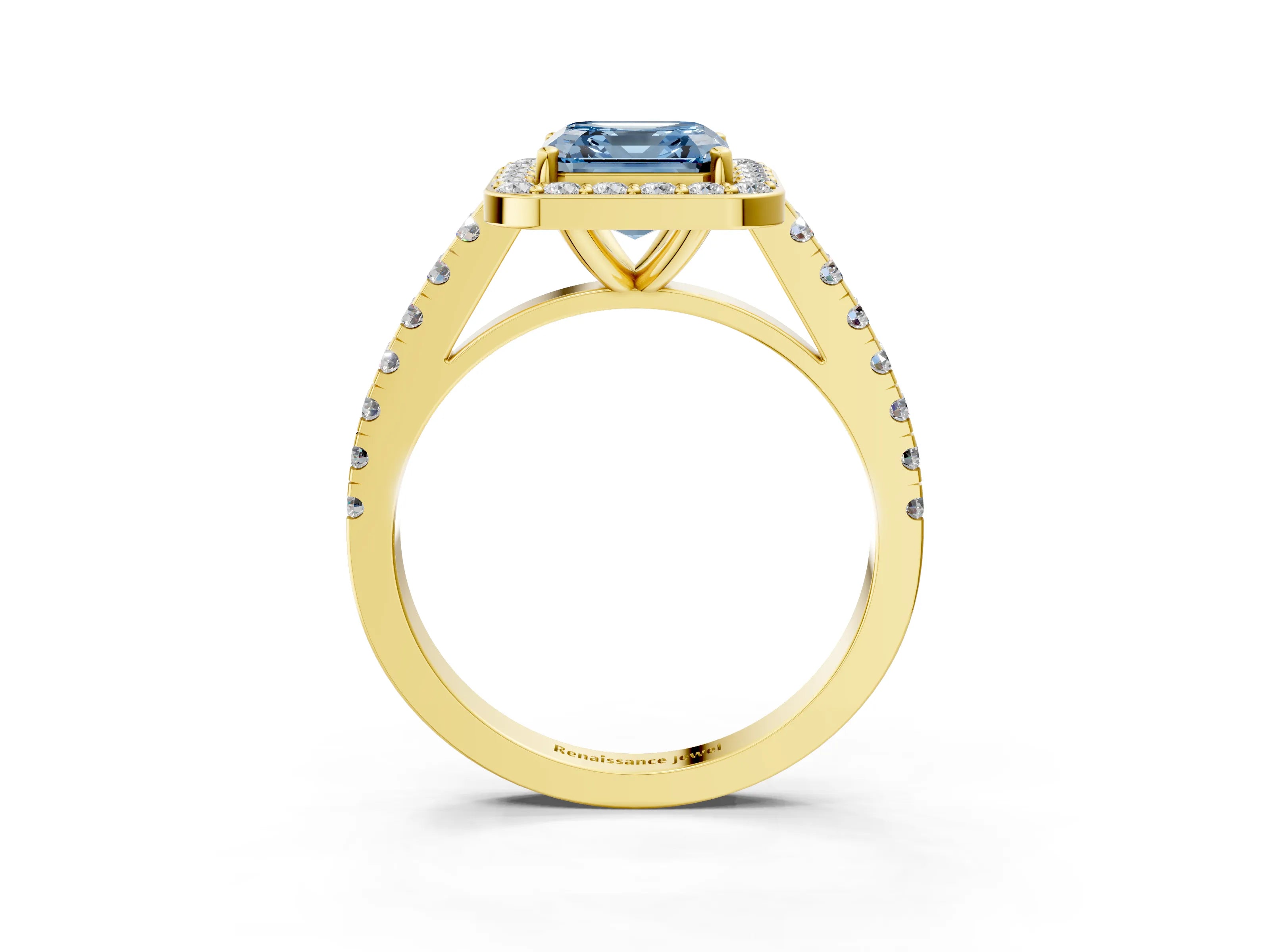 Yellow gold Fancy Blue Asscher Cut Halo Diamond Ring with Pavé Band and Three-Prong Setting_3