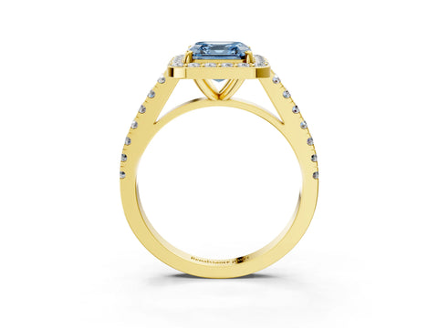 Yellow gold Fancy Blue Asscher Cut Halo Diamond Ring with Pavé Band and Three-Prong Setting_3