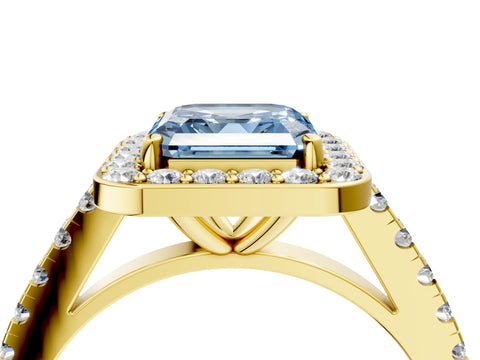 Yellow gold Fancy Blue Asscher Cut Halo Diamond Ring with Pavé Band and Three-Prong Setting_4