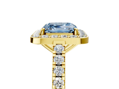 Yellow gold Fancy Blue Asscher Cut Halo Diamond Ring with Pavé Band and Three-Prong Setting_5