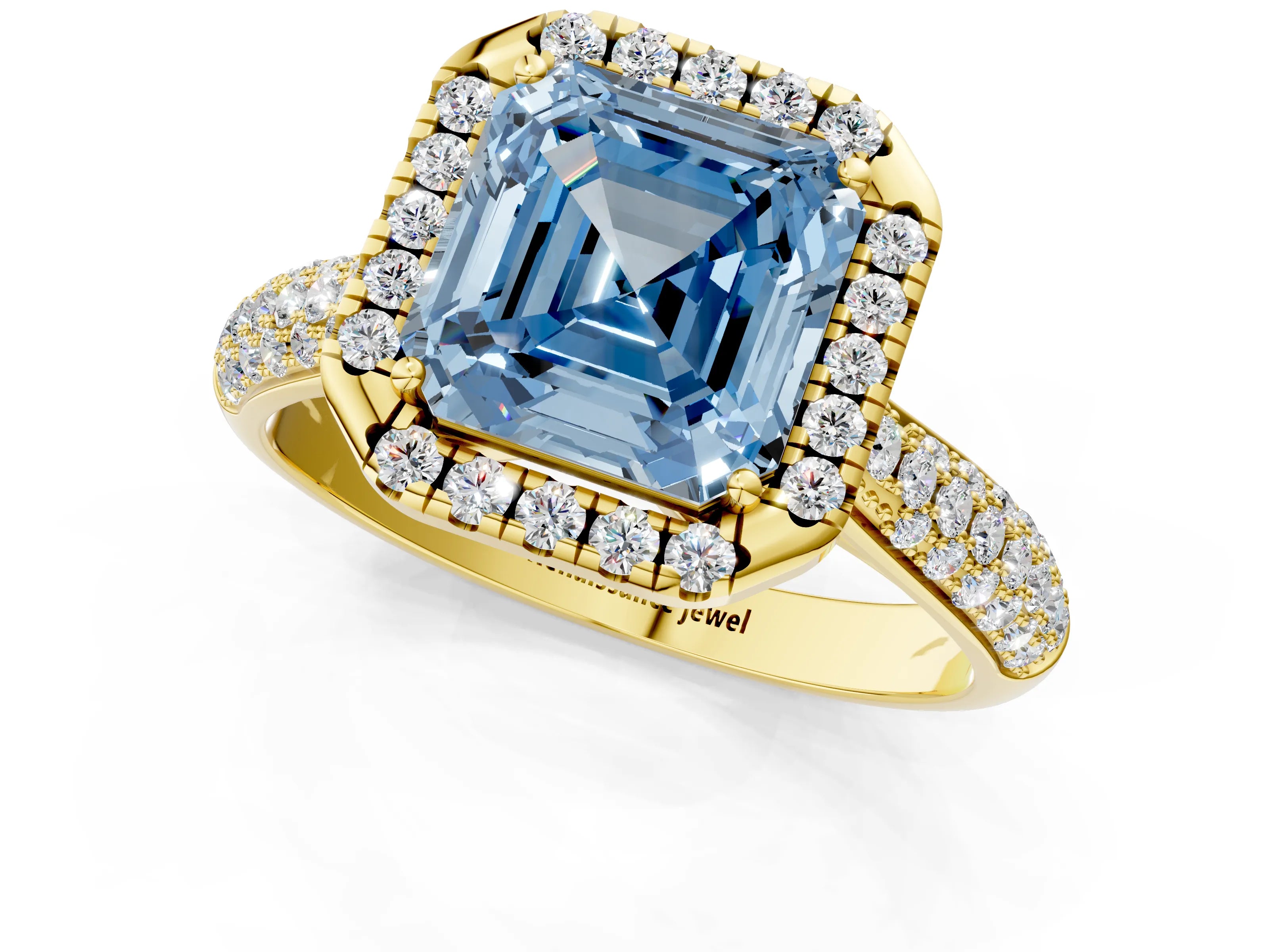 Yellow gold Fancy Blue Asscher Cut Halo Diamond Ring with Pavé Band_1