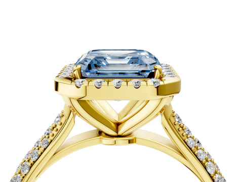 Yellow gold Fancy Blue Asscher Cut Halo Diamond Ring with Pavé Band_4
