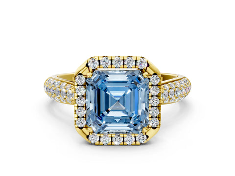 Yellow gold Fancy Blue Asscher Cut Halo Diamond Ring with Pavé Band