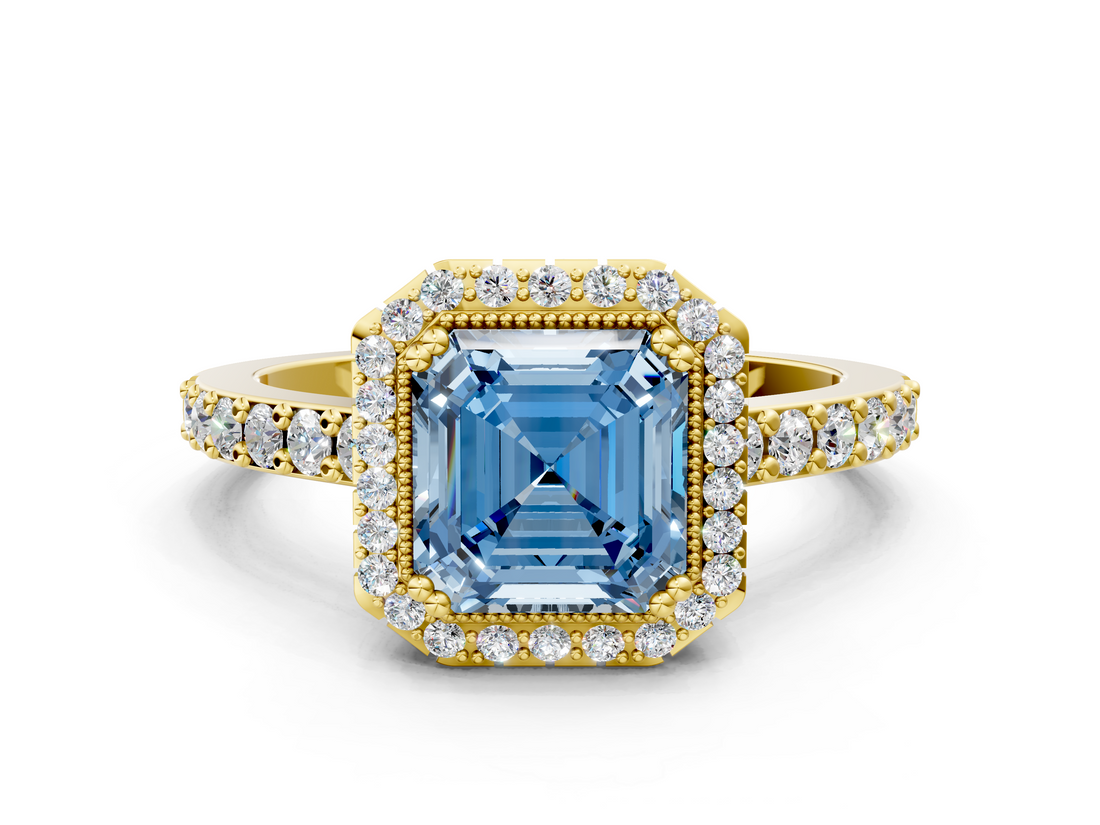 Yellow gold Fancy Blue Asscher  Cut Halo Diamond Ring with Pave Band and Four-Prong Setting_16