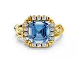 Yellow gold Fancy Blue Asscher  Cut Halo Diamond Ring with Scrollwork Band and Four-Prong Setting