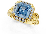 Yellow gold Fancy Blue Asscher  Cut Halo Diamond Ring with Scrollwork Band and Four-Prong Setting_1