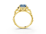 Yellow gold Fancy Blue Asscher  Cut Halo Diamond Ring with Scrollwork Band and Four-Prong Setting_3