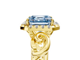 Yellow gold Fancy Blue Asscher  Cut Halo Diamond Ring with Scrollwork Band and Four-Prong Setting_5