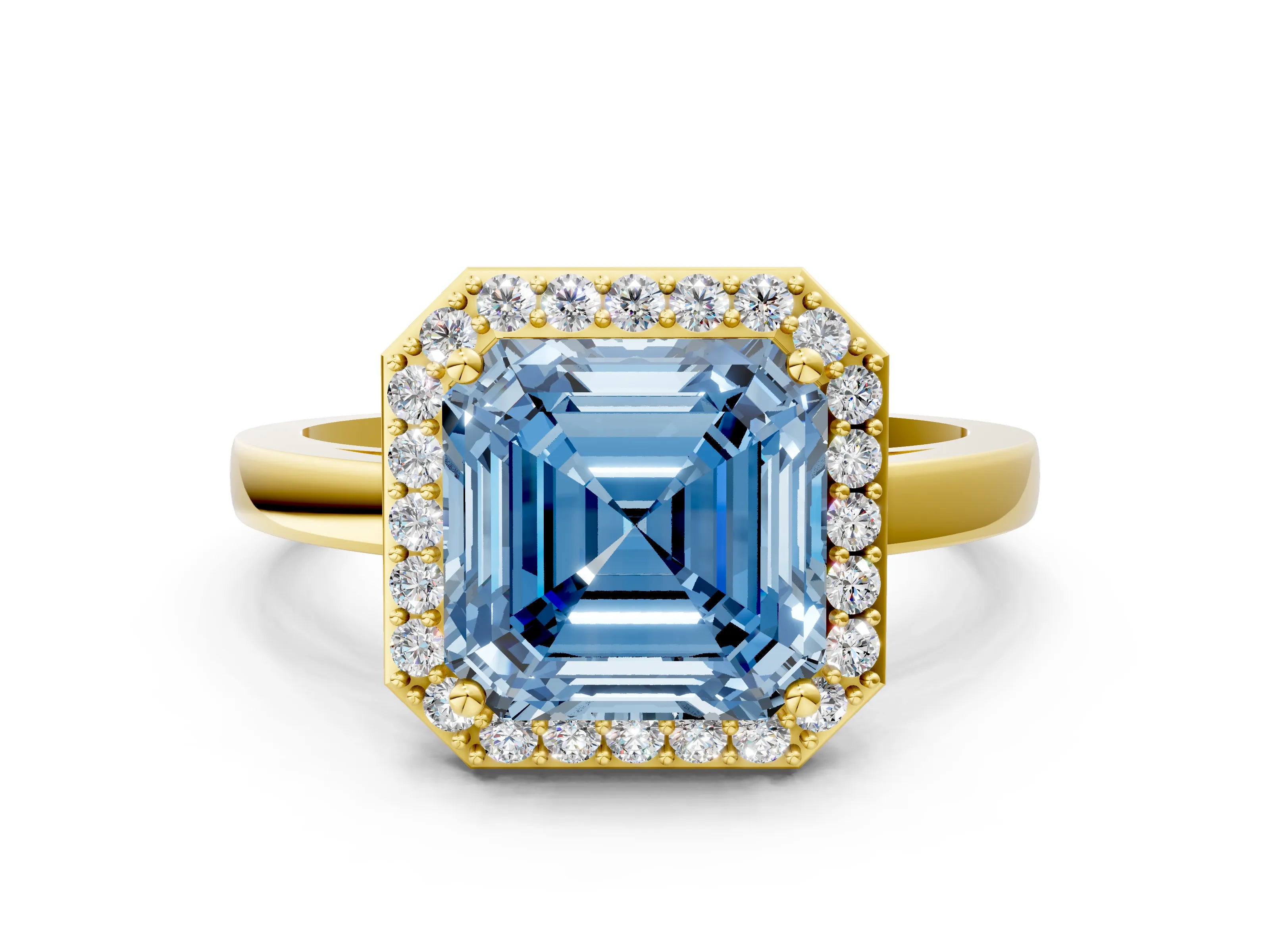 Yellow gold Fancy Blue Asscher Cut Halo Diamond Ring with Solitaire Band and Prong Setting