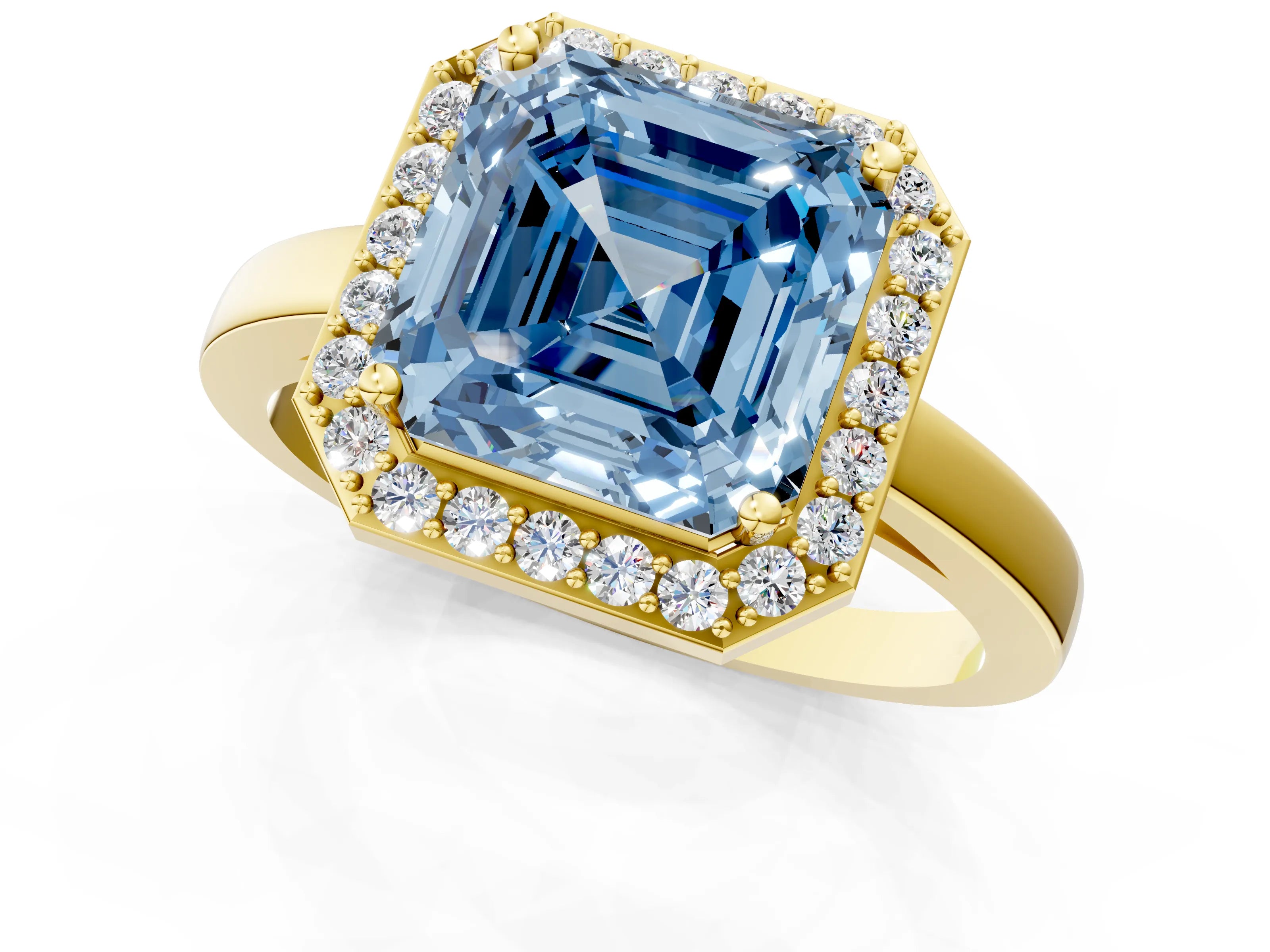 Yellow gold Fancy Blue Asscher Cut Halo Diamond Ring with Solitaire Band and Prong Setting_1