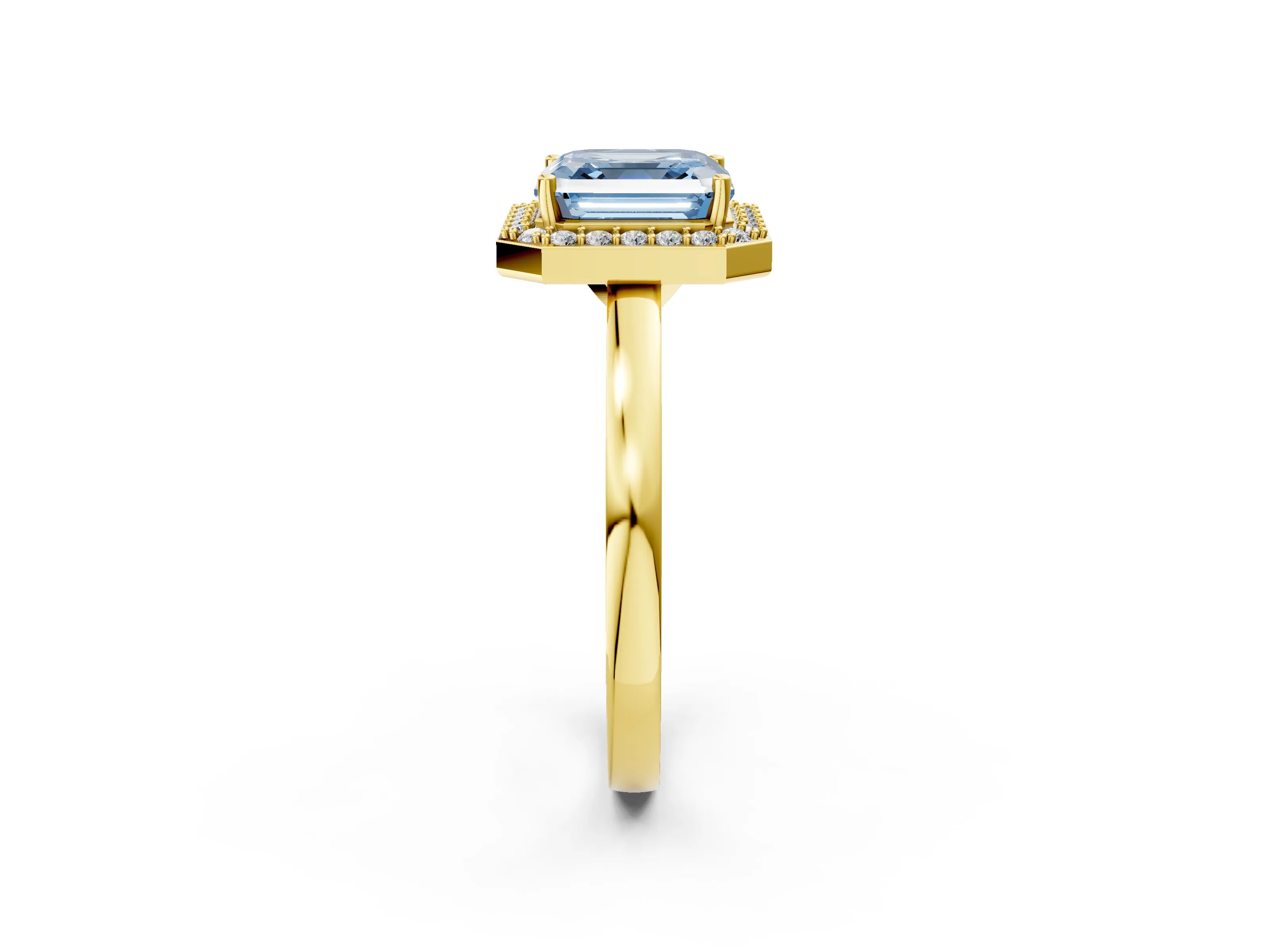 Yellow gold Fancy Blue Asscher Cut Halo Diamond Ring with Solitaire Band and Prong Setting_2