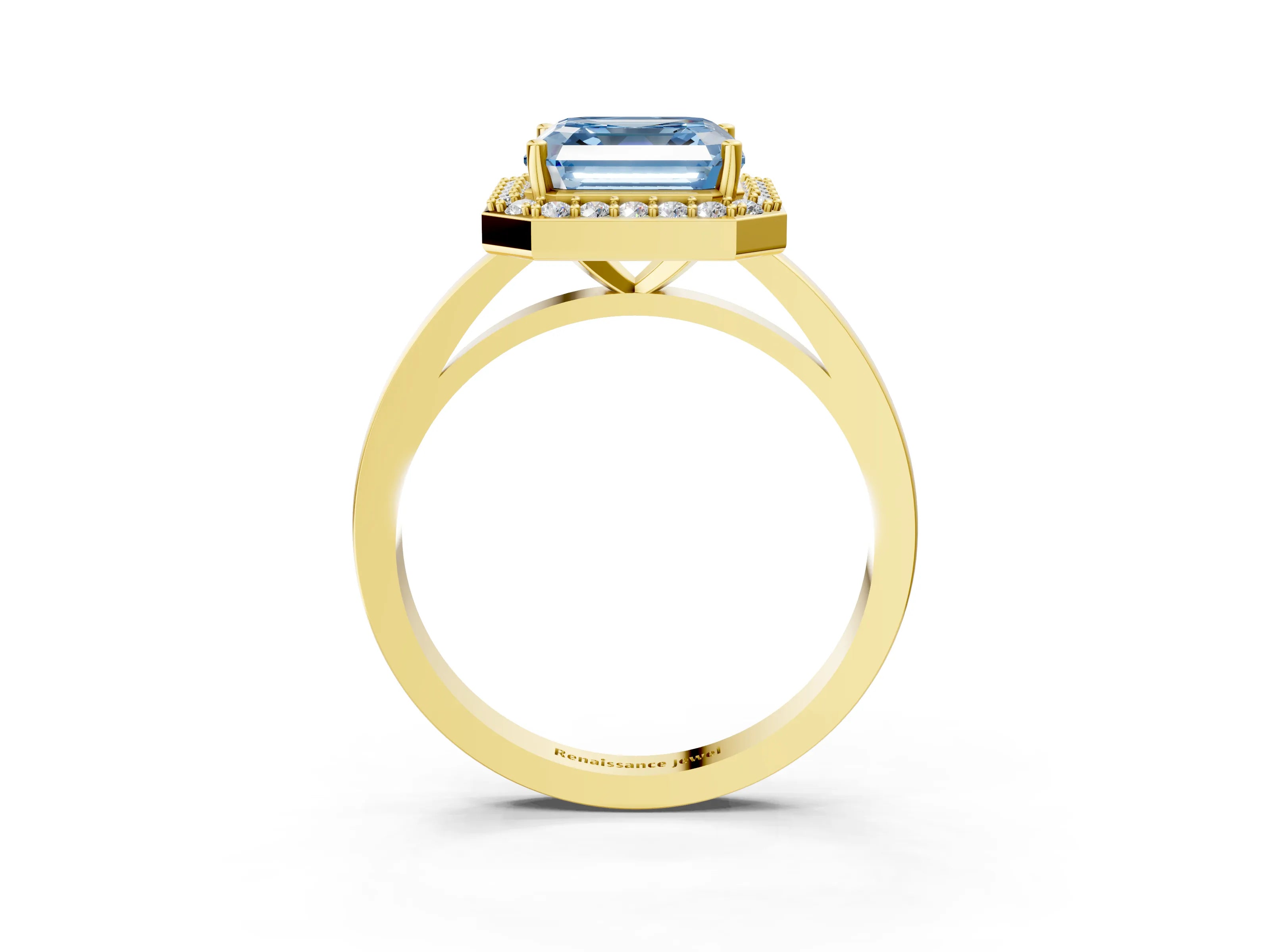 Yellow gold Fancy Blue Asscher Cut Halo Diamond Ring with Solitaire Band and Prong Setting_3