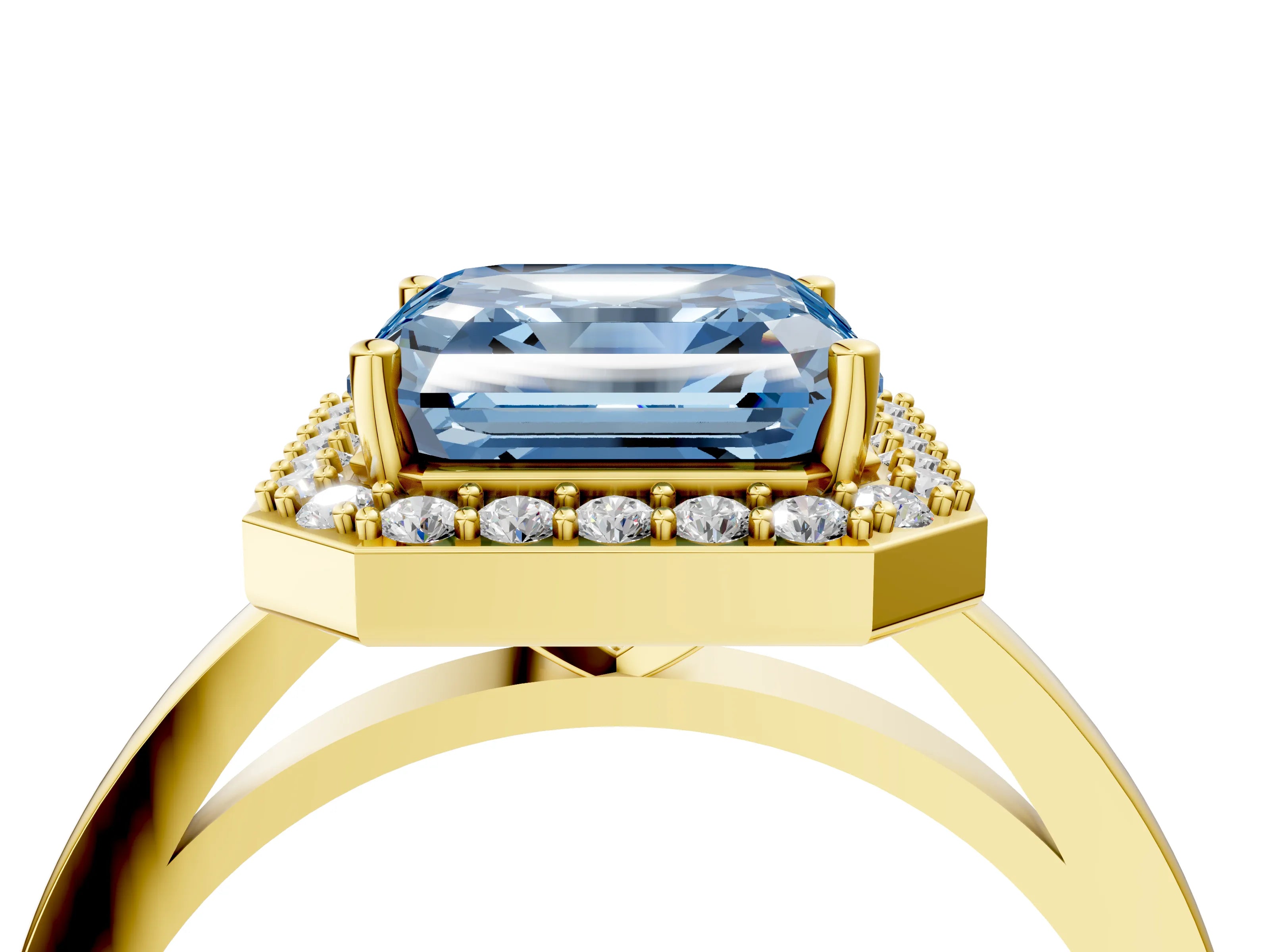 Yellow gold Fancy Blue Asscher Cut Halo Diamond Ring with Solitaire Band and Prong Setting_4