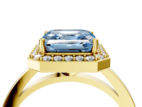 Yellow gold Fancy Blue Asscher Cut Halo Diamond Ring with Solitaire Band and Prong Setting_4