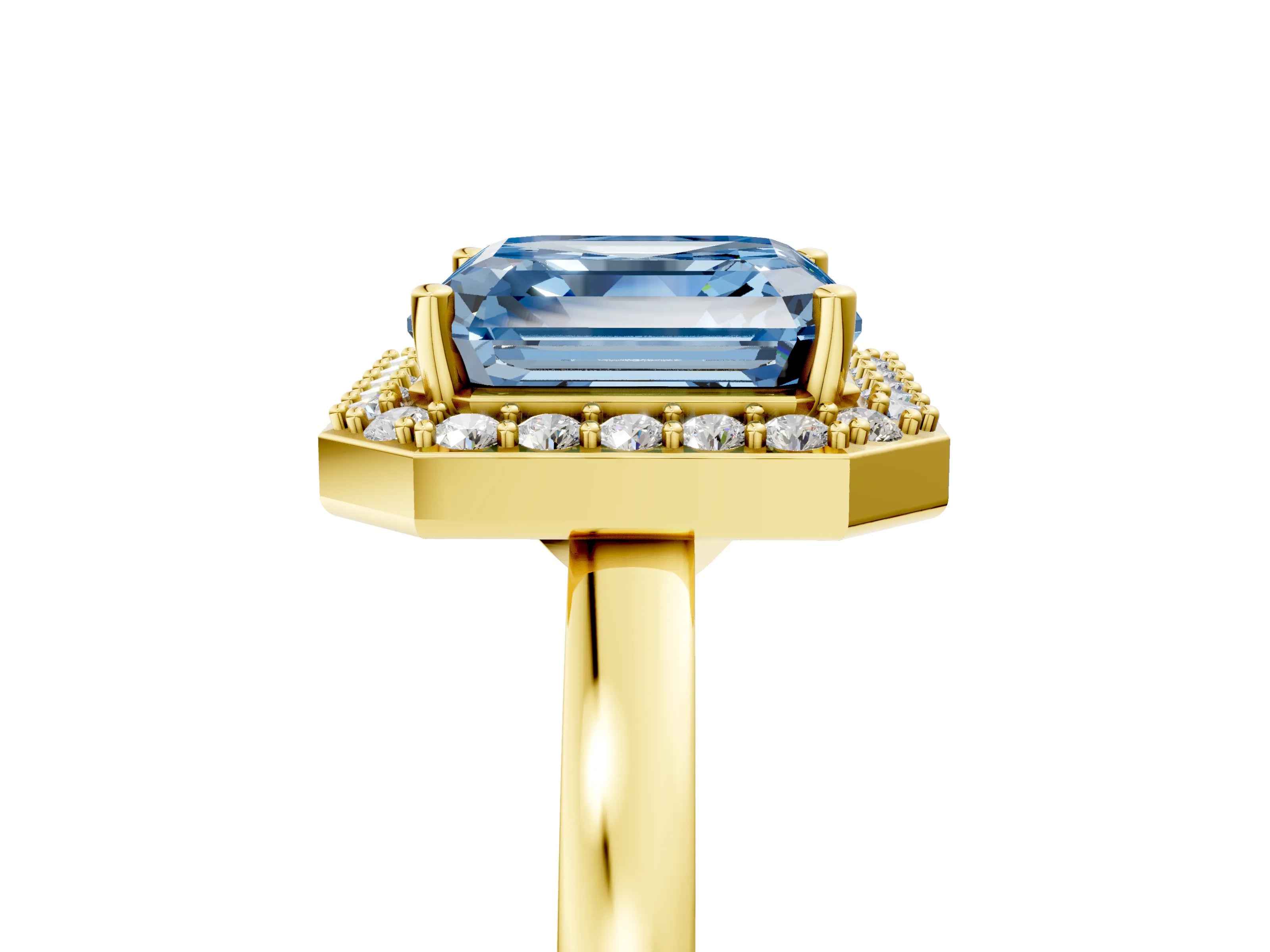 Yellow gold Fancy Blue Asscher Cut Halo Diamond Ring with Solitaire Band and Prong Setting_5