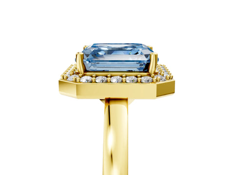 Yellow gold Fancy Blue Asscher Cut Halo Diamond Ring with Solitaire Band and Prong Setting_5