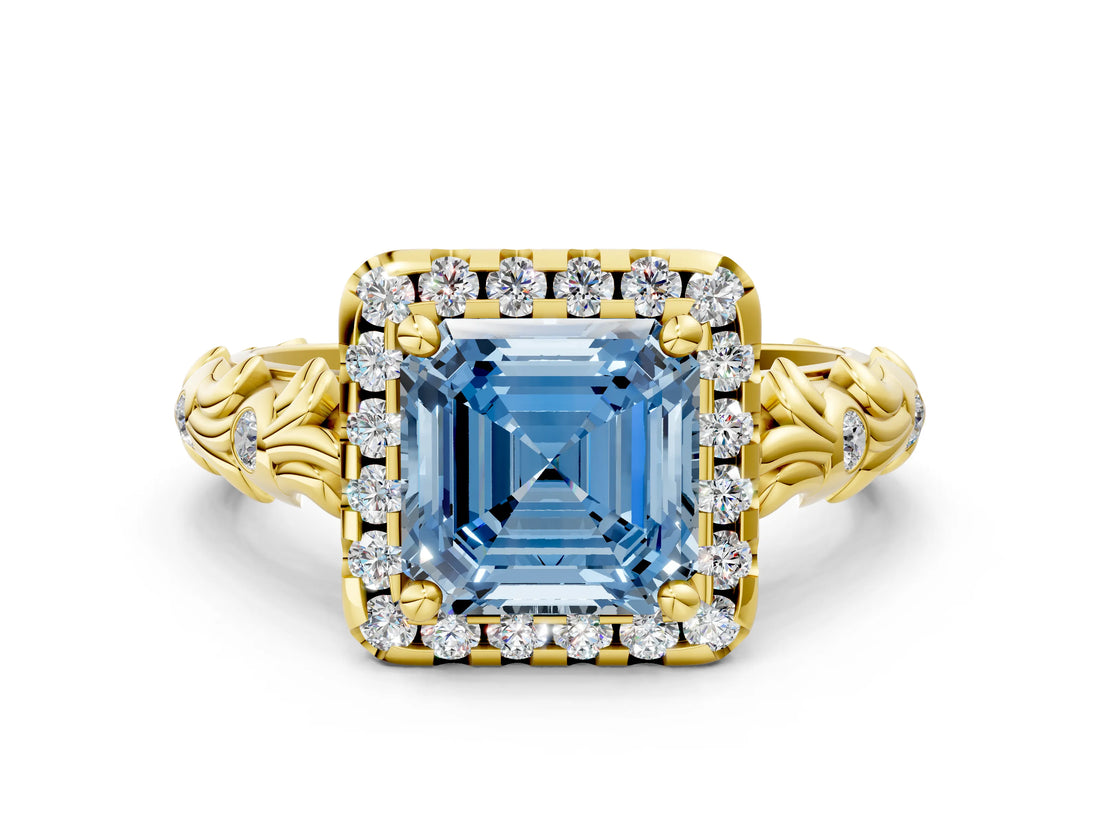 Yellow gold Fancy Blue Asscher Cut Halo Diamond Solitaire with Filigree Band and Four-Prong Setting