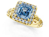 Yellow gold Fancy Blue Asscher Cut Halo Diamond Solitaire with Filigree Band and Four-Prong Setting_1