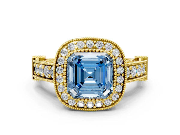 Yellow Gold Asscher Cut Vintage Bezel Halo Engagement Ring Setting for Fancy Blue Center