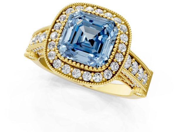 Yellow Gold Asscher Cut Vintage Bezel Halo Engagement Ring Setting for Fancy Blue Center
