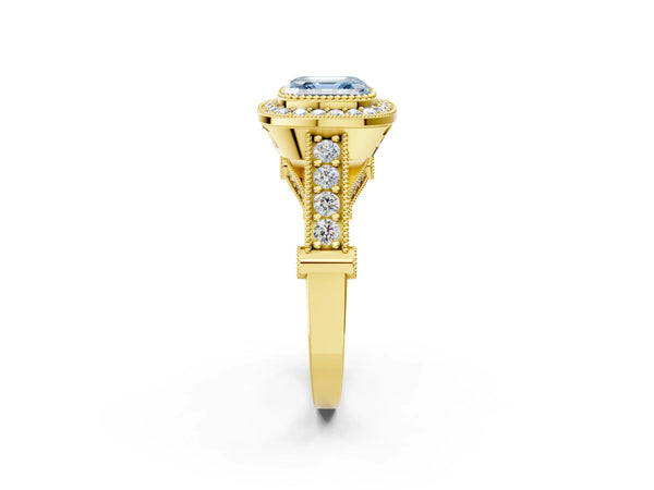 Yellow Gold Asscher Cut Vintage Bezel Halo Engagement Ring Setting for Fancy Blue Center