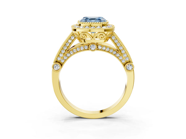 Yellow Gold Asscher Cut Vintage Bezel Halo Engagement Ring Setting for Fancy Blue Center