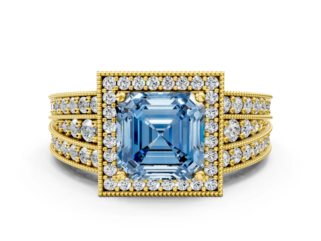 Yellow gold Fancy Blue Asscher Cut Halo Diamond Split Shank Ring with Prong Setting