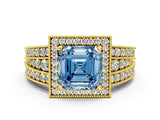 Yellow gold Fancy Blue Asscher Cut Halo Diamond Split Shank Ring with Prong Setting