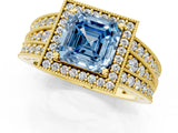 Yellow gold Fancy Blue Asscher Cut Halo Diamond Split Shank Ring with Prong Setting_1