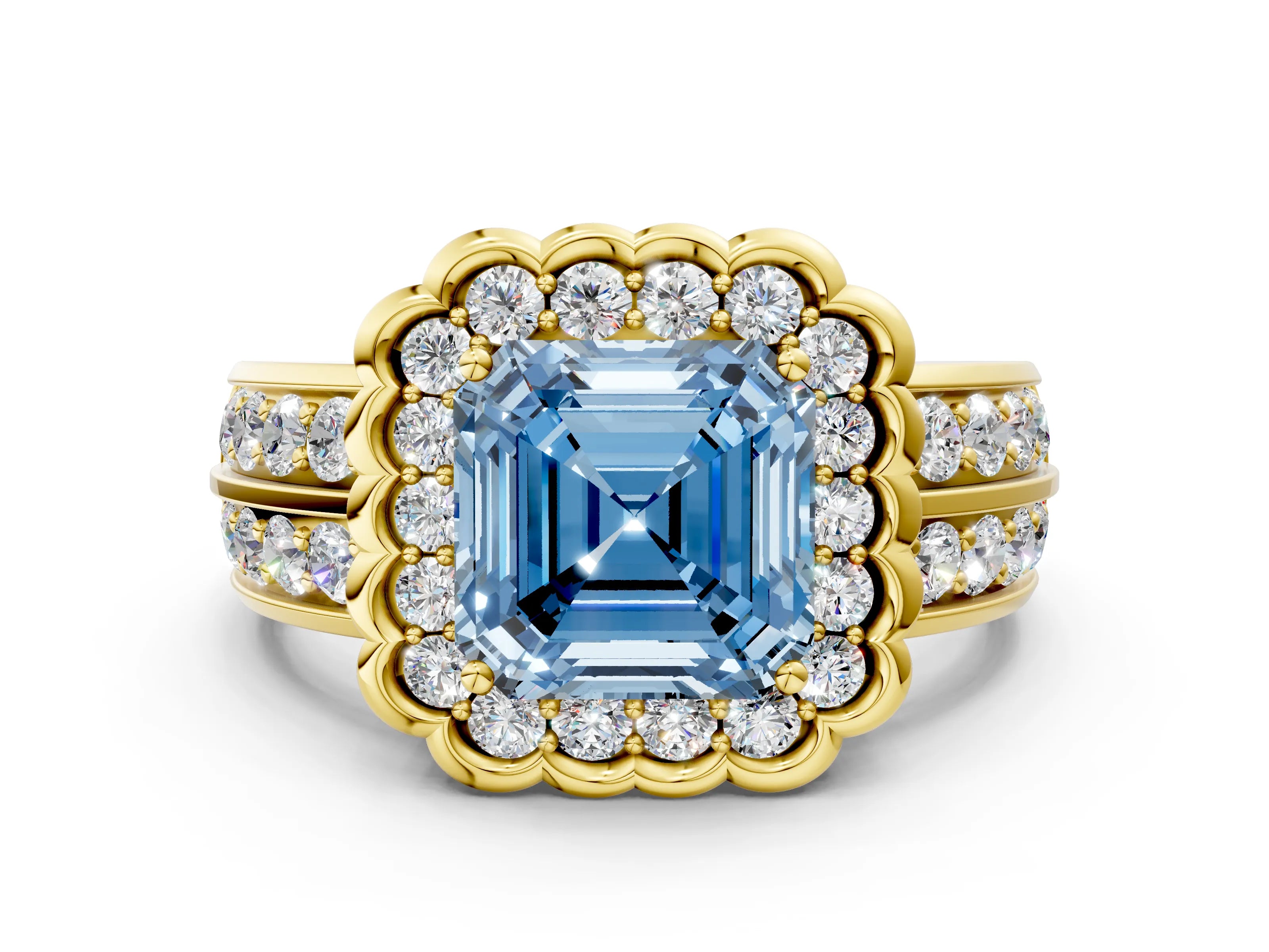 Yellow gold Fancy Blue Asscher Cut Halo Diamond Split Shank Ring with Scalloped Prong Setting