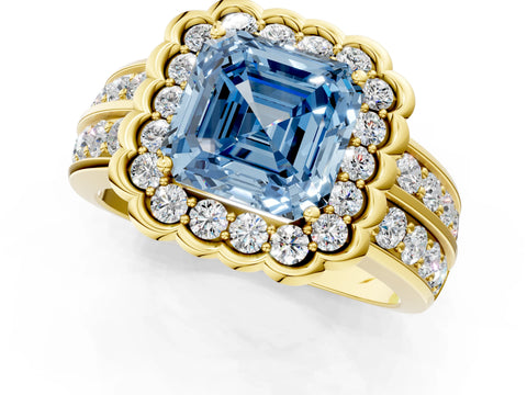 Yellow gold Fancy Blue Asscher Cut Halo Diamond Split Shank Ring with Scalloped Prong Setting_1
