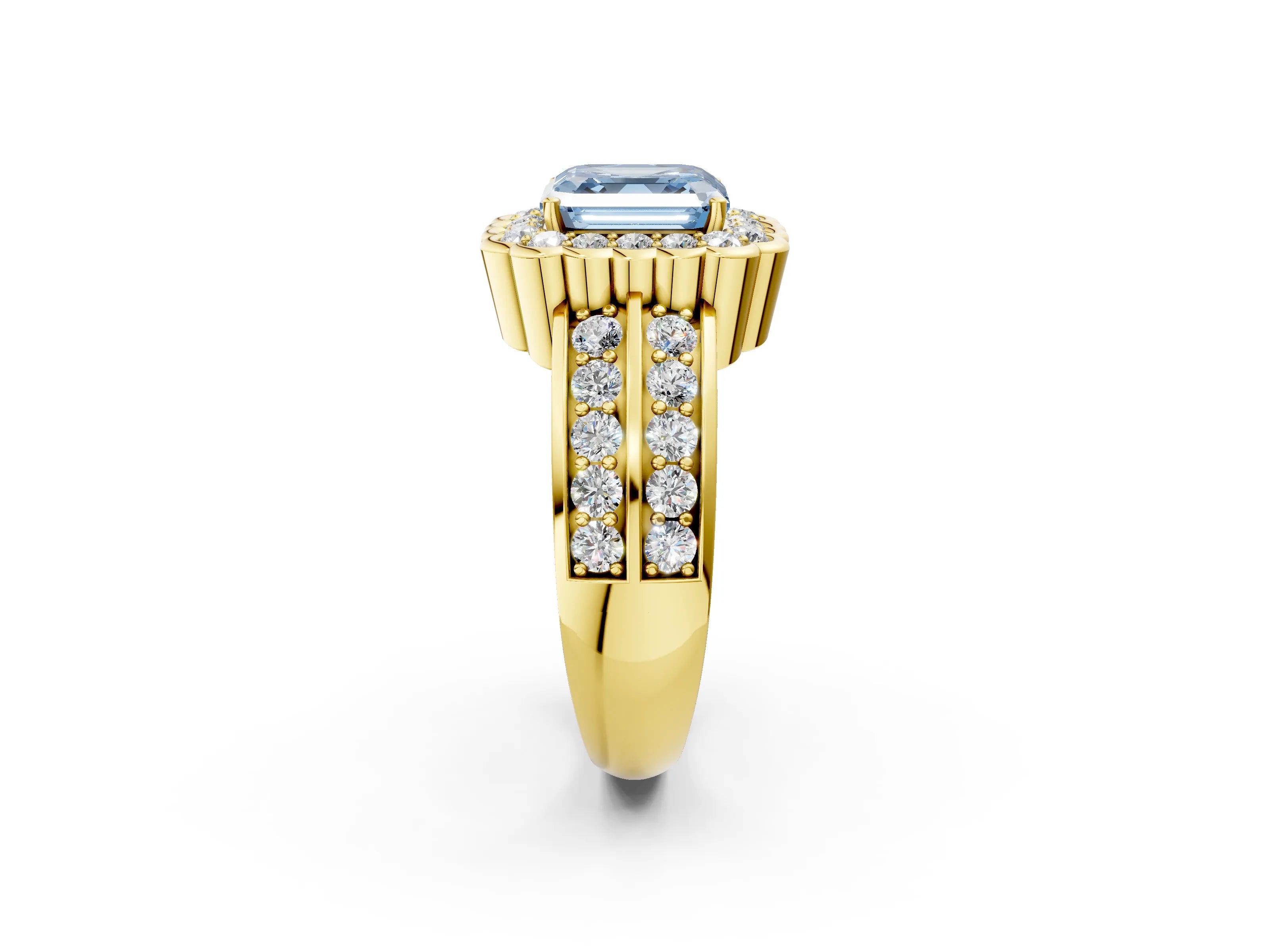 Yellow gold Fancy Blue Asscher Cut Halo Diamond Split Shank Ring with Scalloped Prong Setting_2