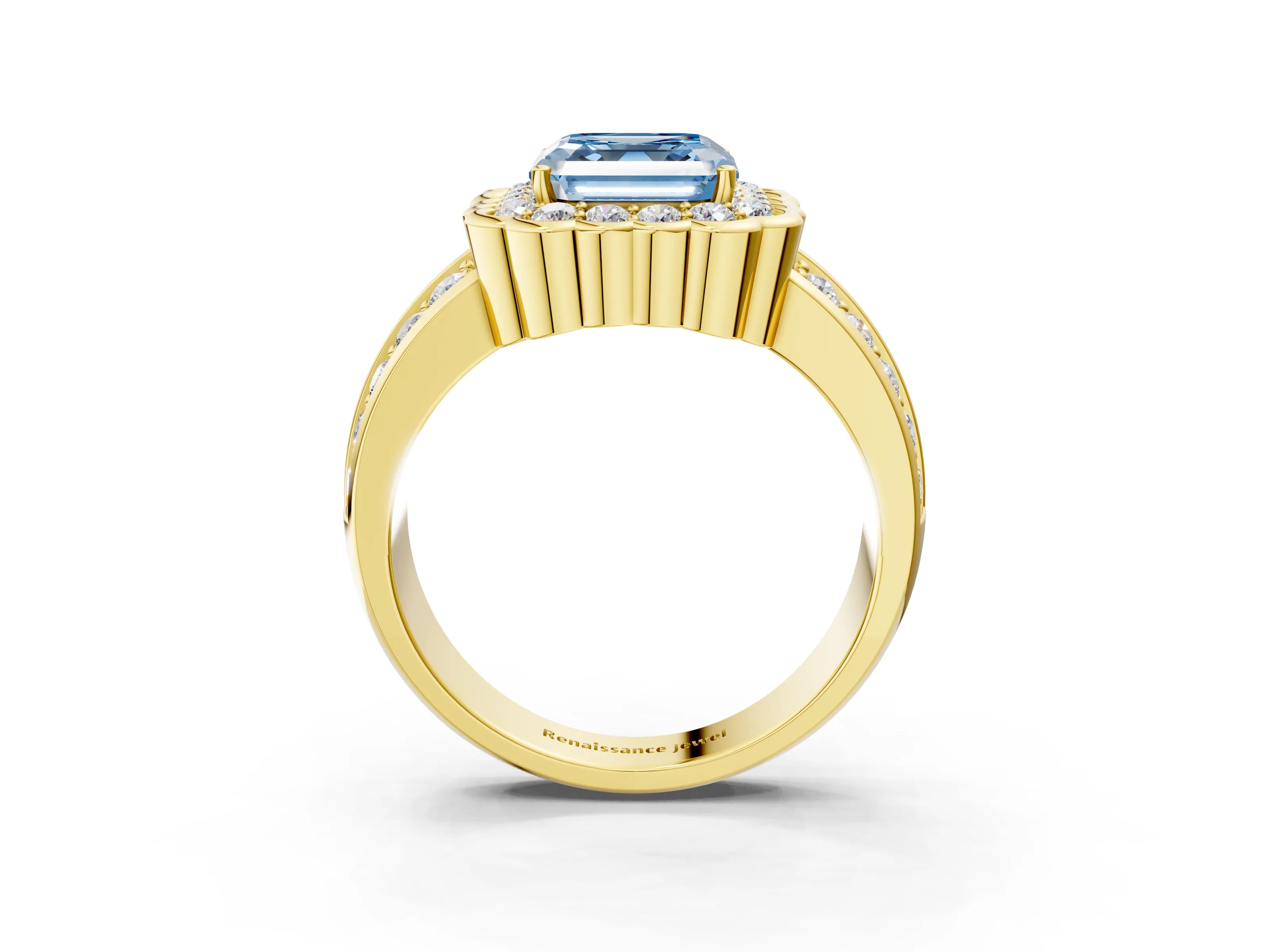 Yellow gold Fancy Blue Asscher Cut Halo Diamond Split Shank Ring with Scalloped Prong Setting_3
