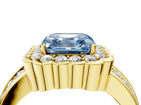 Yellow gold Fancy Blue Asscher Cut Halo Diamond Split Shank Ring with Scalloped Prong Setting_4
