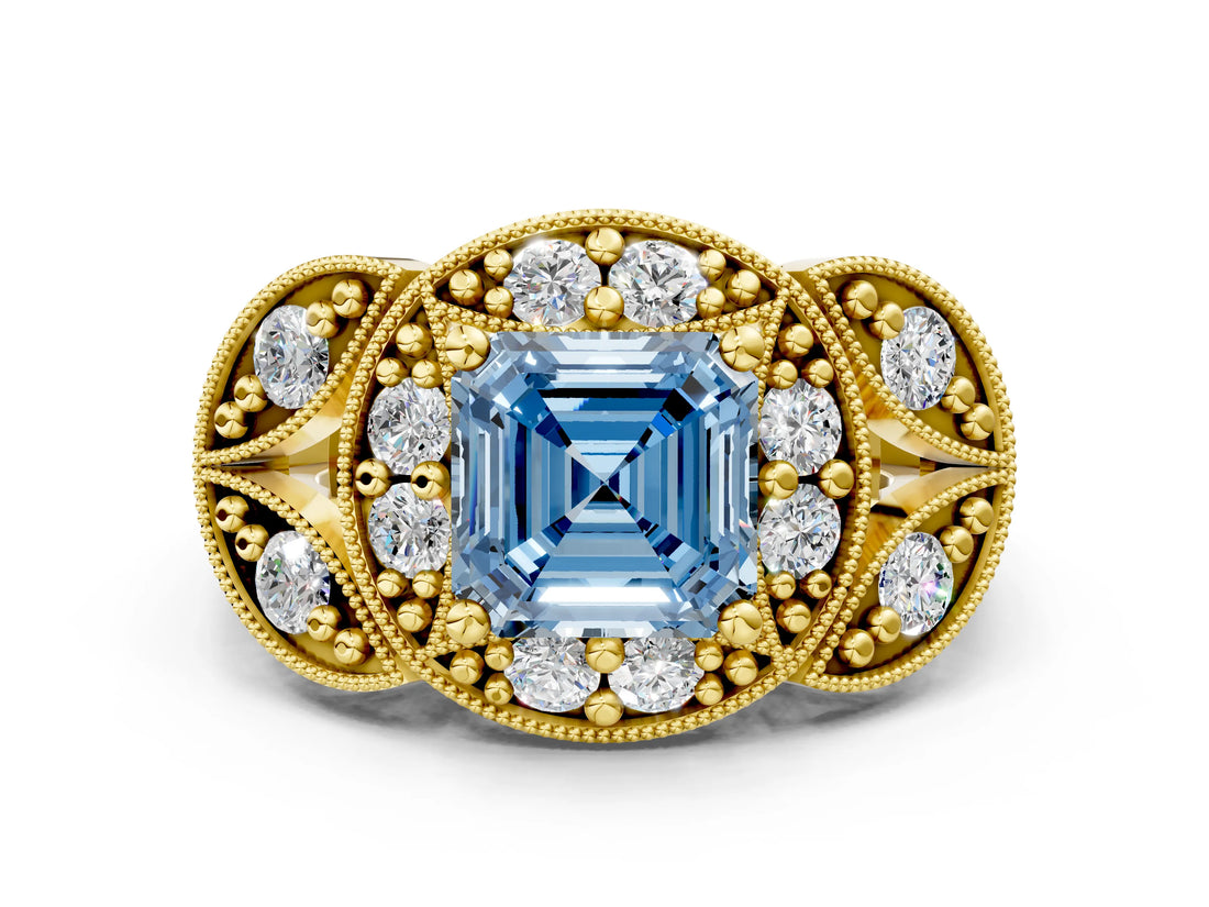 Yellow gold Fancy Blue Asscher Cut Halo Milgrain Diamond Engagement Ring with Leaf Band and Four-Prong Setting