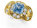 Yellow gold Fancy Blue Asscher Cut Halo Milgrain Diamond Engagement Ring with Leaf Band and Four-Prong Setting_1