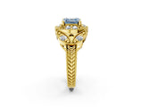 Yellow gold Fancy Blue Asscher Cut Halo Milgrain Diamond Engagement Ring with Leaf Band and Four-Prong Setting_2