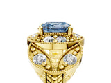 Yellow gold Fancy Blue Asscher Cut Halo Milgrain Diamond Engagement Ring with Leaf Band and Four-Prong Setting_5