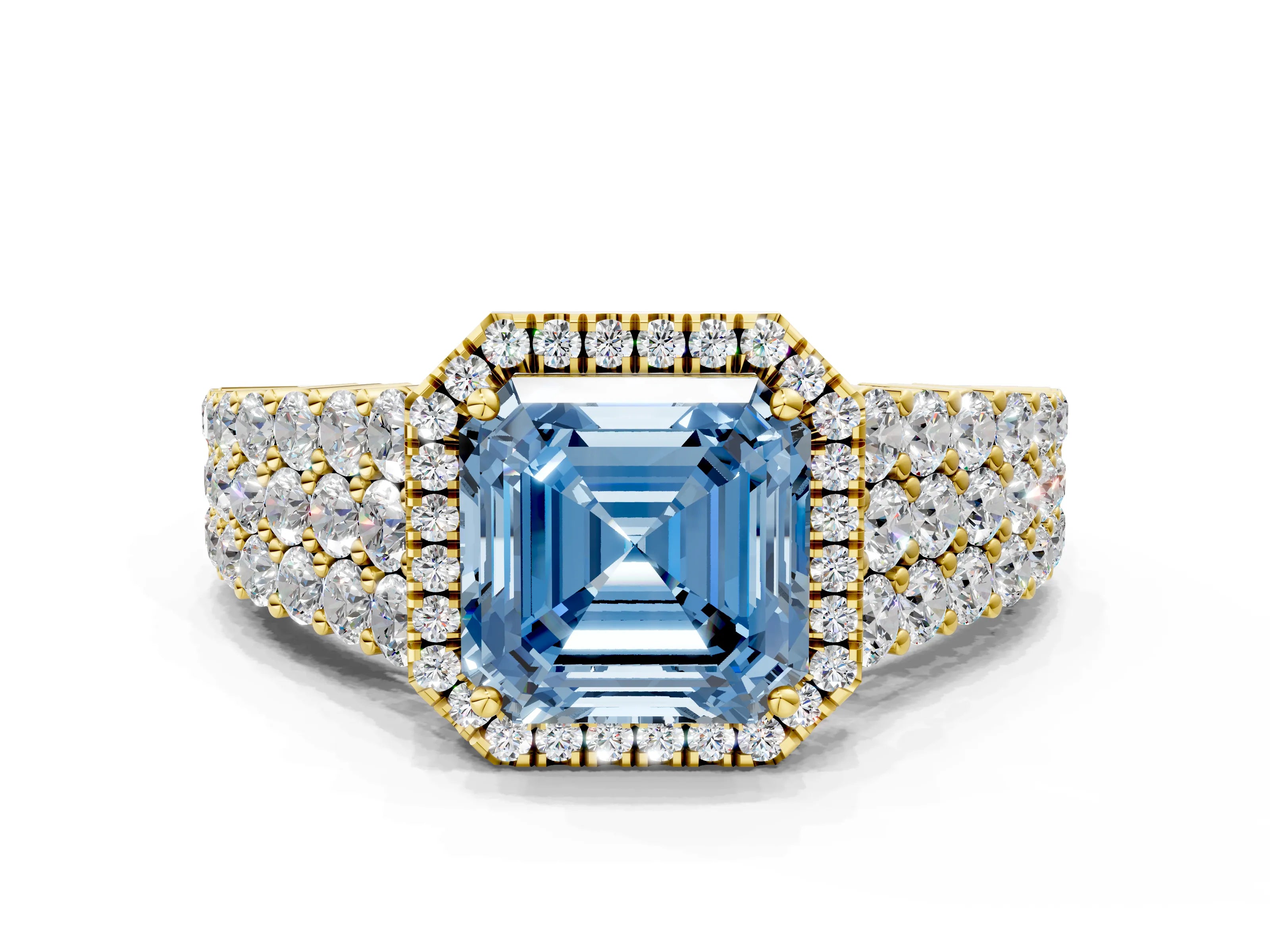 Yellow gold Fancy Blue Asscher Cut Halo Pavé Diamond Engagement Ring with Split Shank and Four-Prong Setting_3