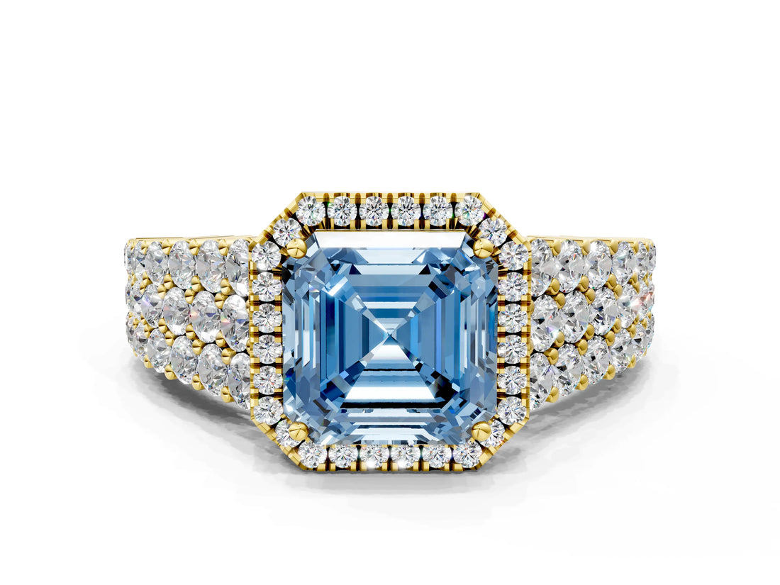 Yellow gold Fancy Blue Asscher Cut Halo Pavé Diamond Engagement Ring with Split Shank and Four-Prong Setting_3