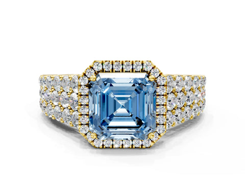 Yellow gold Fancy Blue Asscher Cut Halo Pavé Diamond Engagement Ring with Split Shank and Four-Prong Setting_3